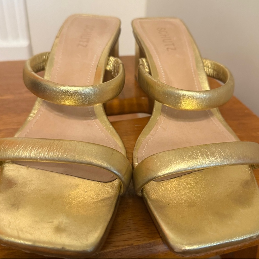 SCHUTZ Ully Lo Metallic Gold Heeled Block Sandals